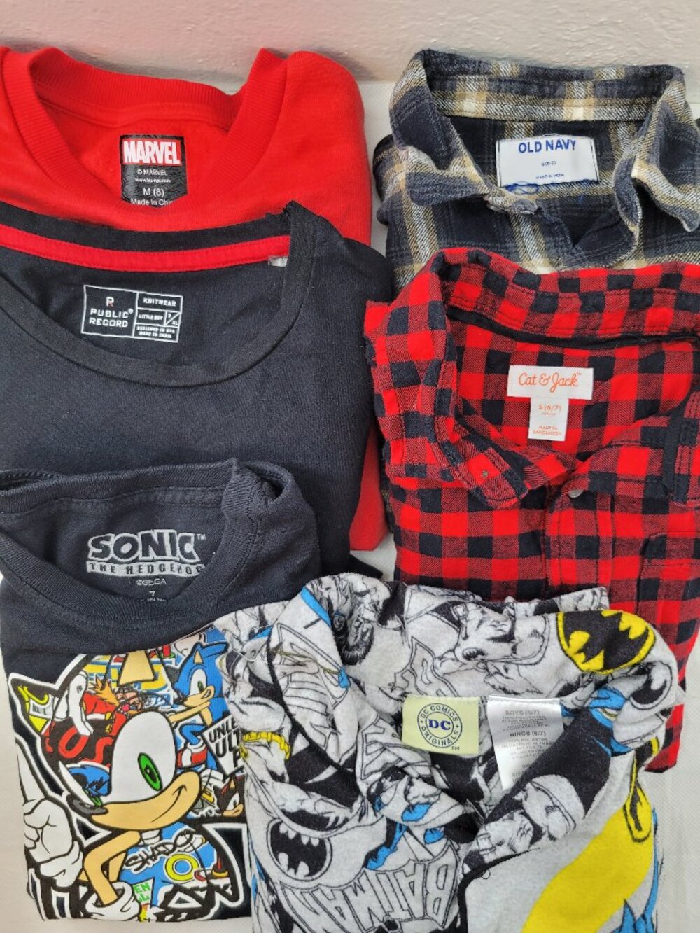 Boys 6 & 7 Lot Long Sleeve Flannel Shirt Cat & Jack Public Record Sega Marvel DC